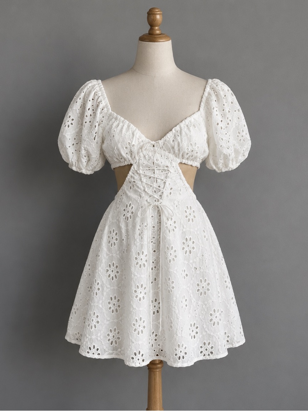 Sabo Luxe White Eviana Eyelet Mini Dress XS Cutout Lace Up Cottagecore Summer